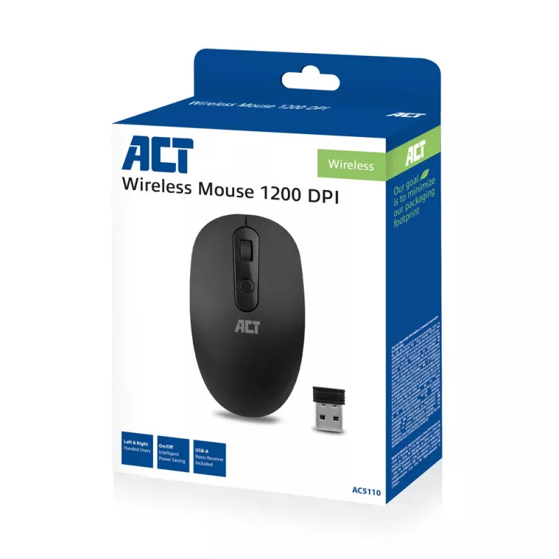 Bezprzewodowa mysz ACT 1200 DPI, symetryczna, RF Wireless, 1200 DPI, czarna
