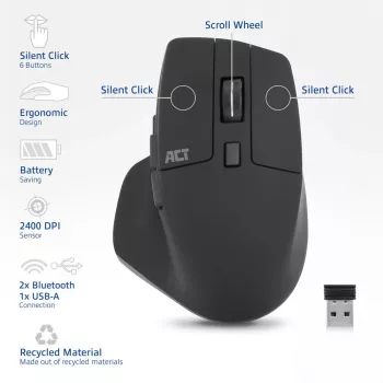 Bezprzewodowa mysz wielokrotnego połączenia ACT Bluetooth lub odbiornik USB-A, 2400 DPI z cichym klikiem, ekologiczna