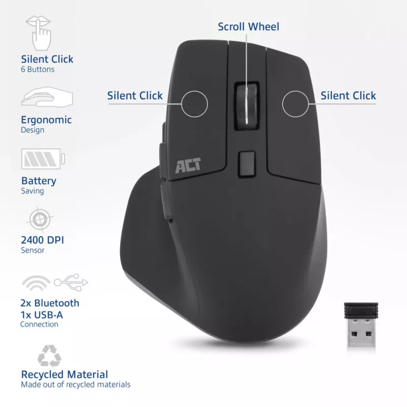 Bezprzewodowa mysz wielokrotnego połączenia ACT Bluetooth lub odbiornik USB-A, 2400 DPI z cichym klikiem, ekologiczna