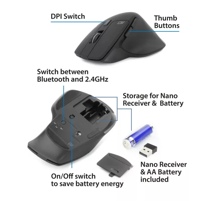 Bezprzewodowa mysz wielokrotnego połączenia ACT Bluetooth lub odbiornik USB-A, 2400 DPI z cichym klikiem, ekologiczna