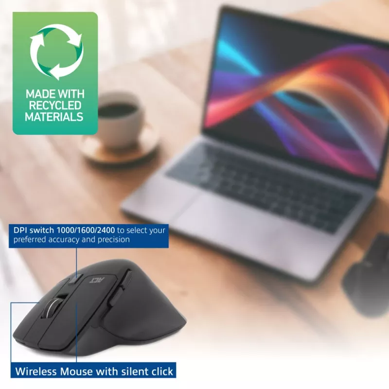 Bezprzewodowa mysz wielokrotnego połączenia ACT Bluetooth lub odbiornik USB-A, 2400 DPI z cichym klikiem, ekologiczna