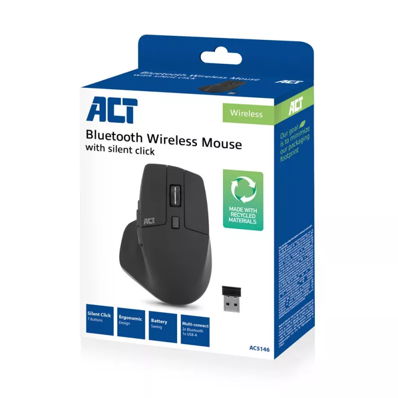 Bezprzewodowa mysz wielokrotnego połączenia ACT Bluetooth lub odbiornik USB-A, 2400 DPI z cichym klikiem, ekologiczna