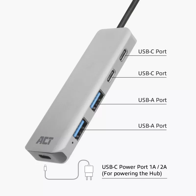 Koncentrator USB ACT AC6125 3.2 Gen 1 Type-A 5000 Mbit/s szary