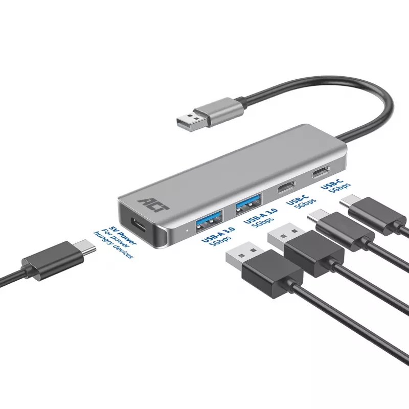 Koncentrator USB ACT AC6125 3.2 Gen 1 Type-A 5000 Mbit/s szary