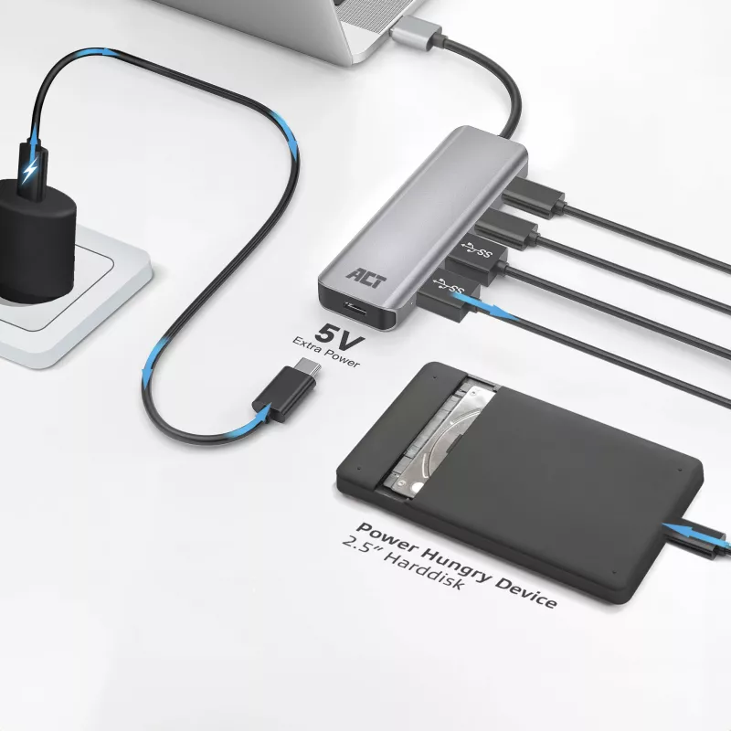 Koncentrator USB ACT AC6125 3.2 Gen 1 Type-A 5000 Mbit/s szary