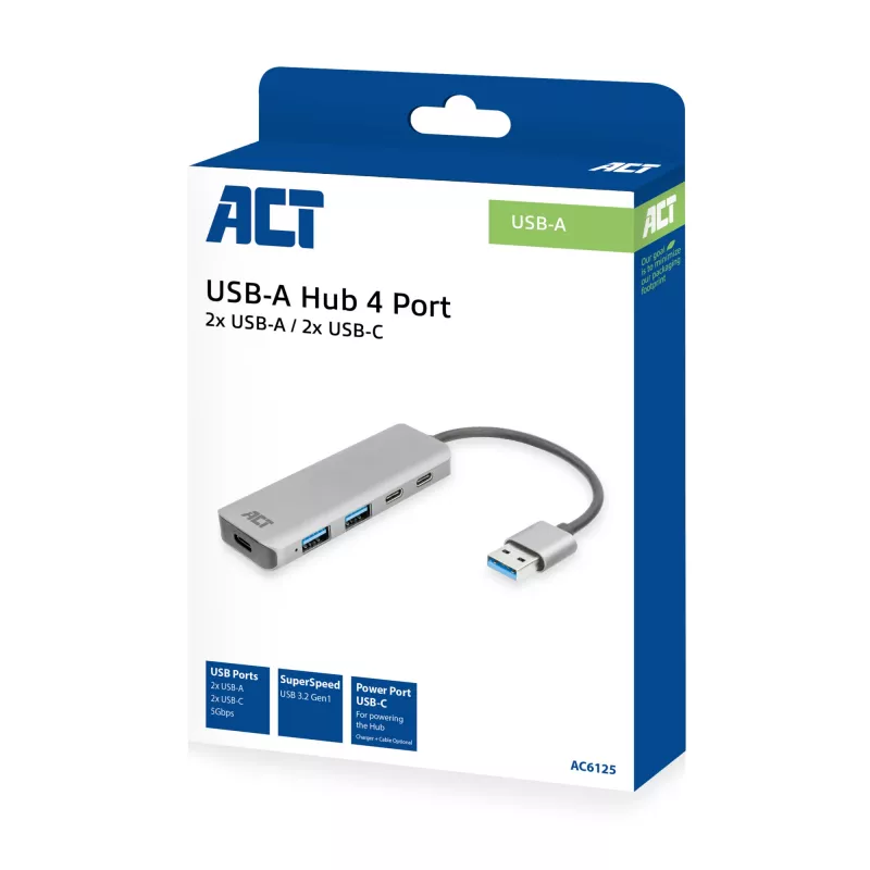 Koncentrator USB ACT AC6125 3.2 Gen 1 Type-A 5000 Mbit/s szary