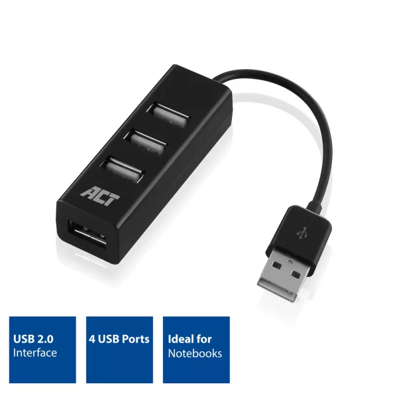 Koncentrator USB ACT AC6205 2.0 480 Mbit/s Czarny 0.12m