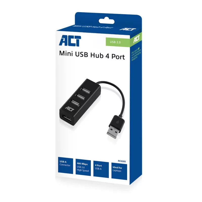 Koncentrator USB ACT AC6205 2.0 480 Mbit/s Czarny 0.12m