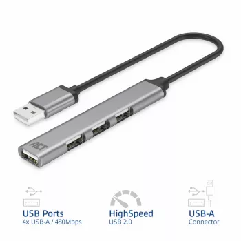 ACT AC6225 Hub USB 2.0 480 Mbit/s Szary Aluminium