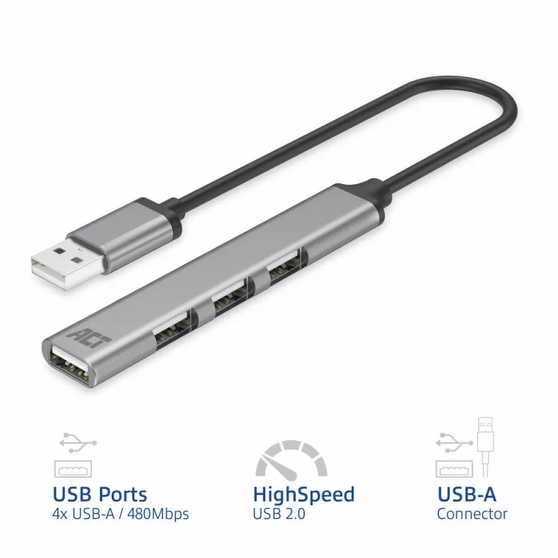 ACT AC6225 Hub USB 2.0 480 Mbit/s Szary Aluminium