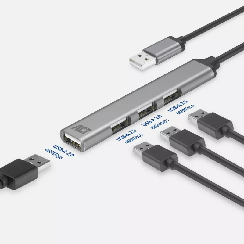 ACT AC6225 Hub USB 2.0 480 Mbit/s Szary Aluminium
