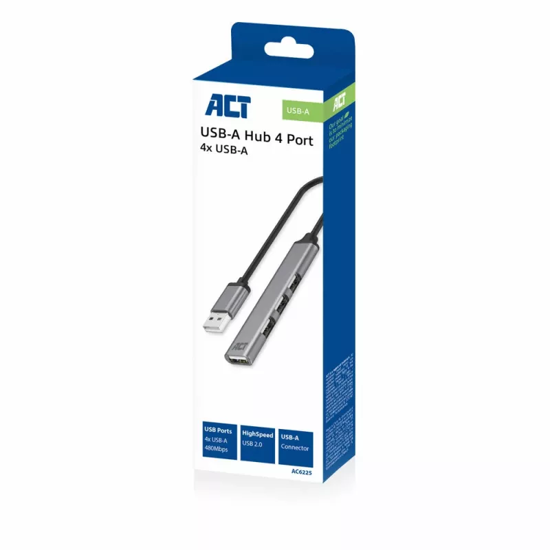 ACT AC6225 Hub USB 2.0 480 Mbit/s Szary Aluminium
