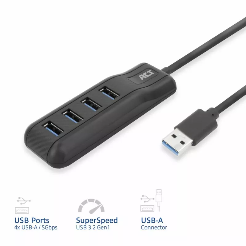 ACT AC6320 hub interfejsów USB 3.2 Gen 1 (3.1 Gen 1) Type-A 5000 Mbit/s Czarny