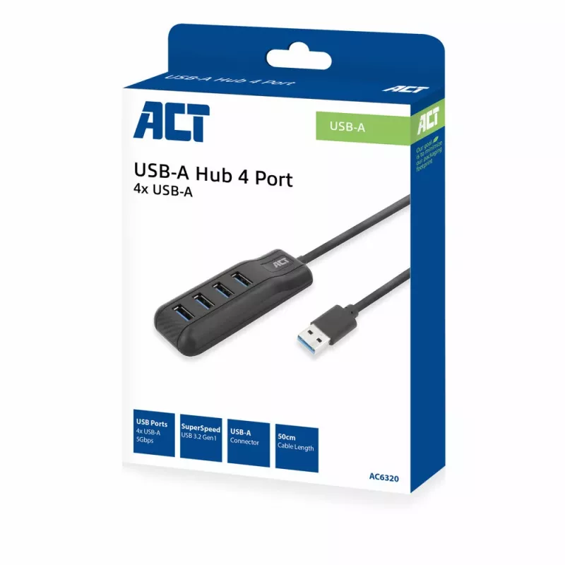 ACT AC6320 hub interfejsów USB 3.2 Gen 1 (3.1 Gen 1) Type-A 5000 Mbit/s Czarny