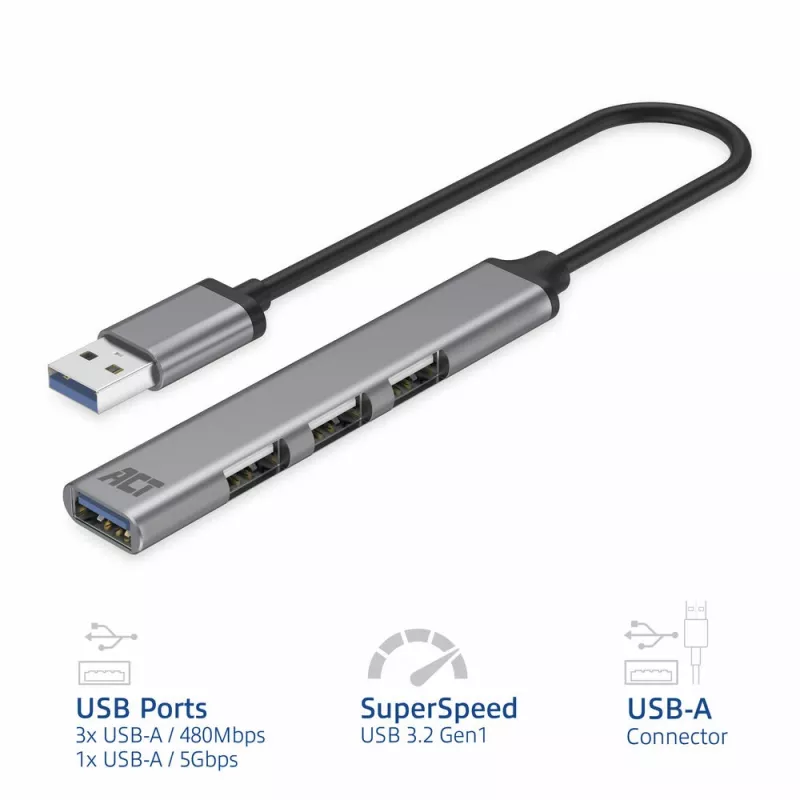 ACT AC6325 USB 3.2 Gen 1 Type-A Hub 5000 Mbit/s Szary