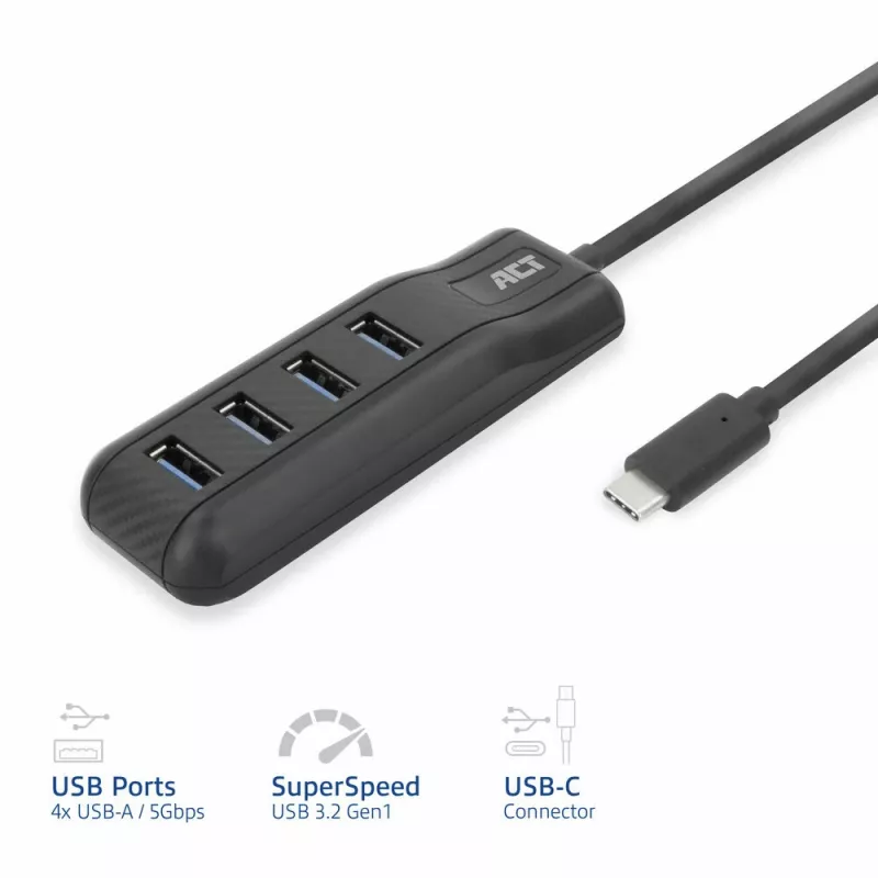 ACT AC6420 koncentrator interfejsów USB 3.2 Gen 1 (3.1 Gen 1) Type-C 5000 Mbit/s Czarny
