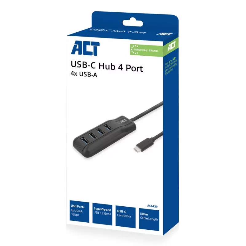 ACT AC6420 koncentrator interfejsów USB 3.2 Gen 1 (3.1 Gen 1) Type-C 5000 Mbit/s Czarny