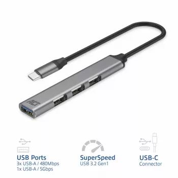 Koncentrator USB ACT AC6425 Type-C 5000 Mbit/s Aluminium Szary