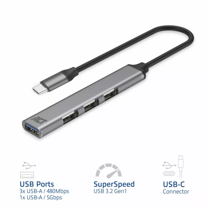 Koncentrator USB ACT AC6425 Type-C 5000 Mbit/s Aluminium Szary