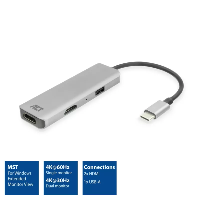 Adapter wieloportowy ACT USB-C 4K do 2 monitorów HDMI, port danych USB-A