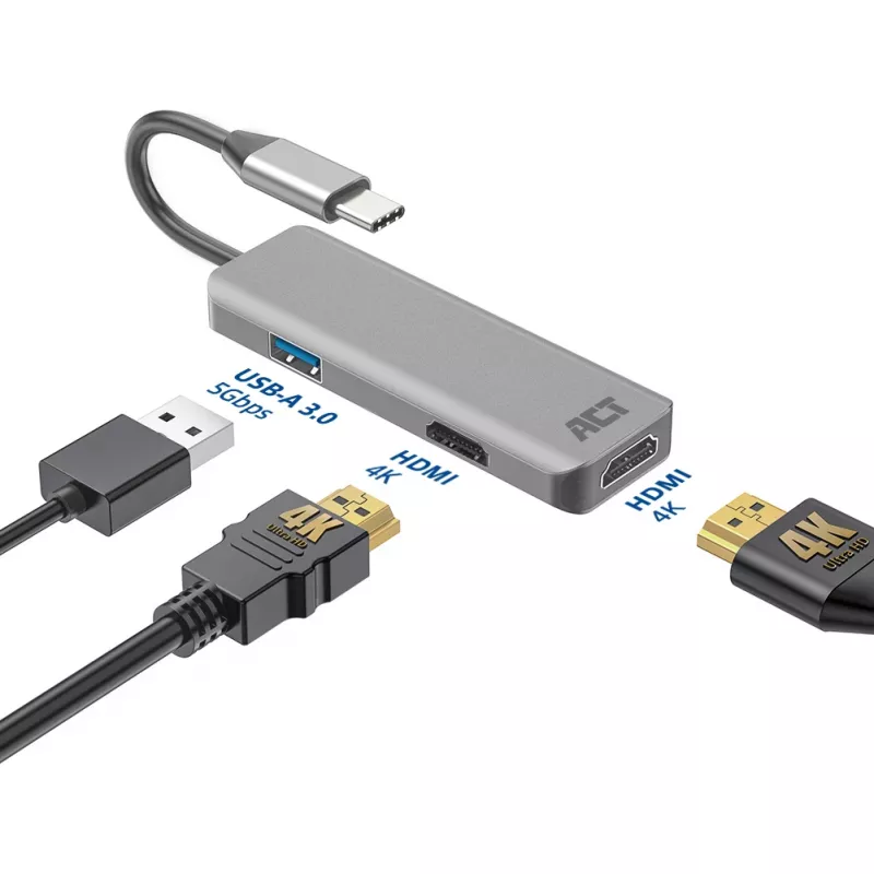 Adapter wieloportowy ACT USB-C 4K do 2 monitorów HDMI, port danych USB-A