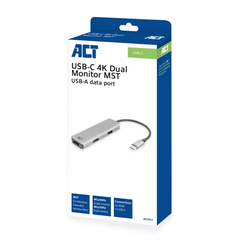 Adapter wieloportowy ACT USB-C 4K do 2 monitorów HDMI, port danych USB-A