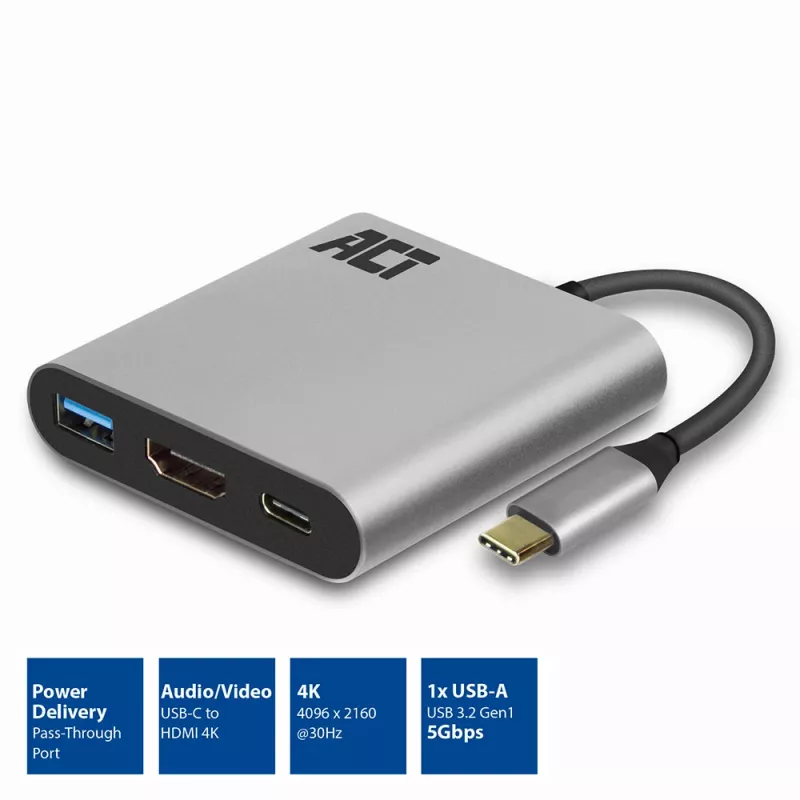 Adapter wieloportowy ACT USB-C do 1 monitora HDMI, 1x USB-A, PD pass-through