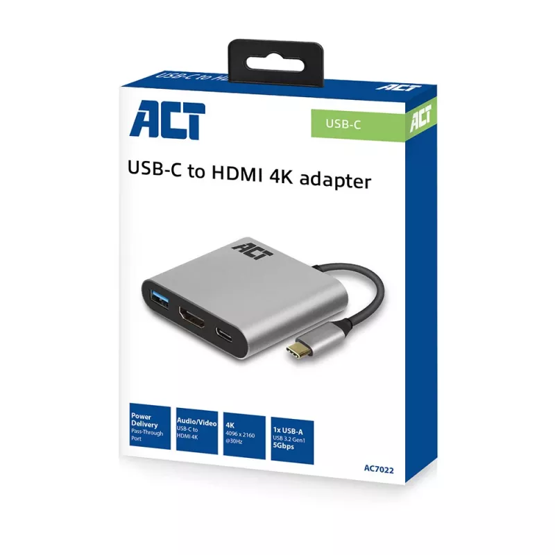 Adapter wieloportowy ACT USB-C do 1 monitora HDMI, 1x USB-A, PD pass-through
