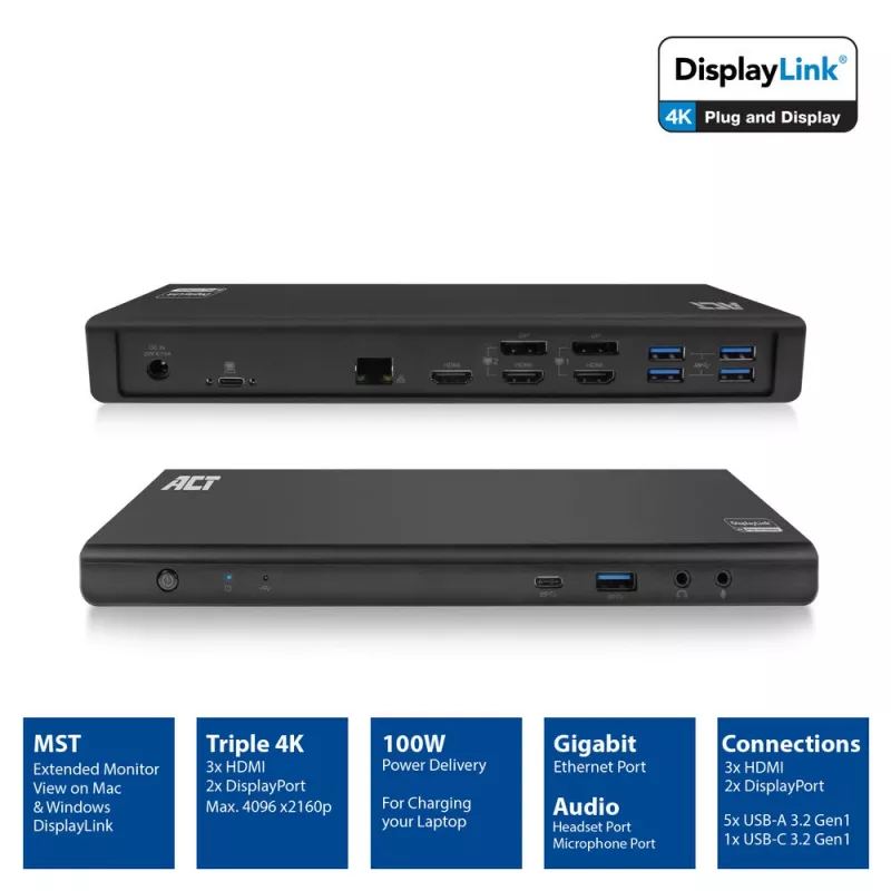 Stacja dokująca ACT USB-C 4K, dla 2 lub 3 monitorów HDMI/DisplayPort, DisplayLink