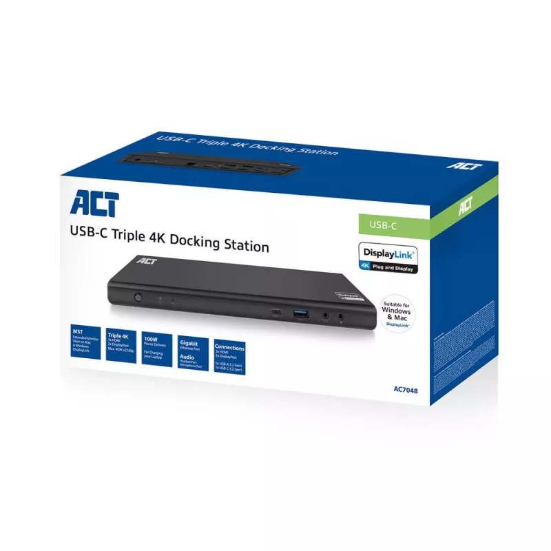 Stacja dokująca ACT USB-C 4K, dla 2 lub 3 monitorów HDMI/DisplayPort, DisplayLink