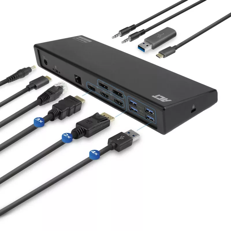 Stacja dokująca ACT USB-C 4K, dla 2 lub 3 monitorów HDMI/DisplayPort, DisplayLink