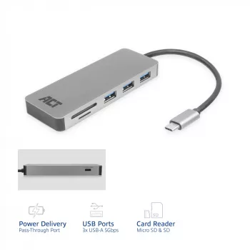 ACT USB-C Hub 3.0, 3x USB-A, czytnik kart, PD pass-through