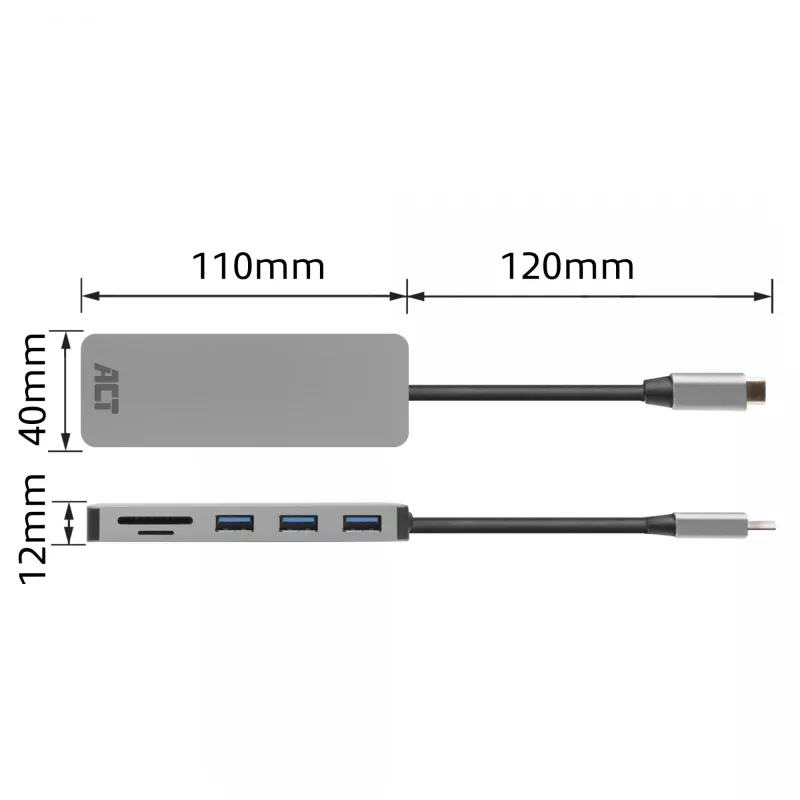 ACT USB-C Hub 3.0, 3x USB-A, czytnik kart, PD pass-through
