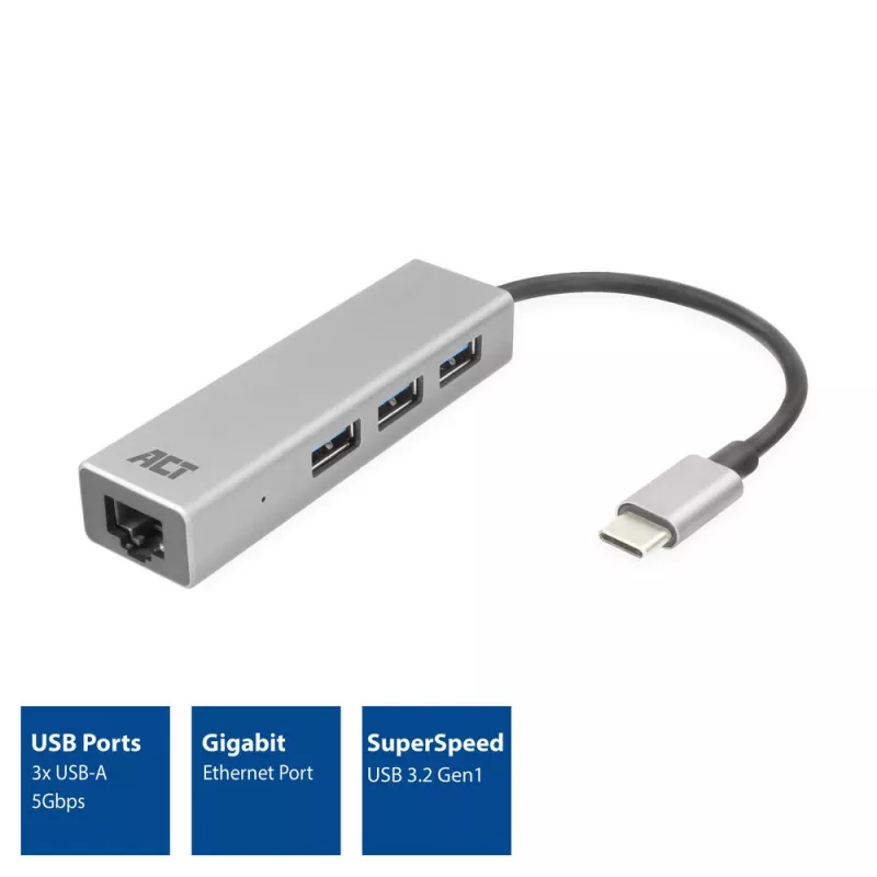 Koncentrator USB-C ACT AC7055 3x USB-A Gigabit Ethernet