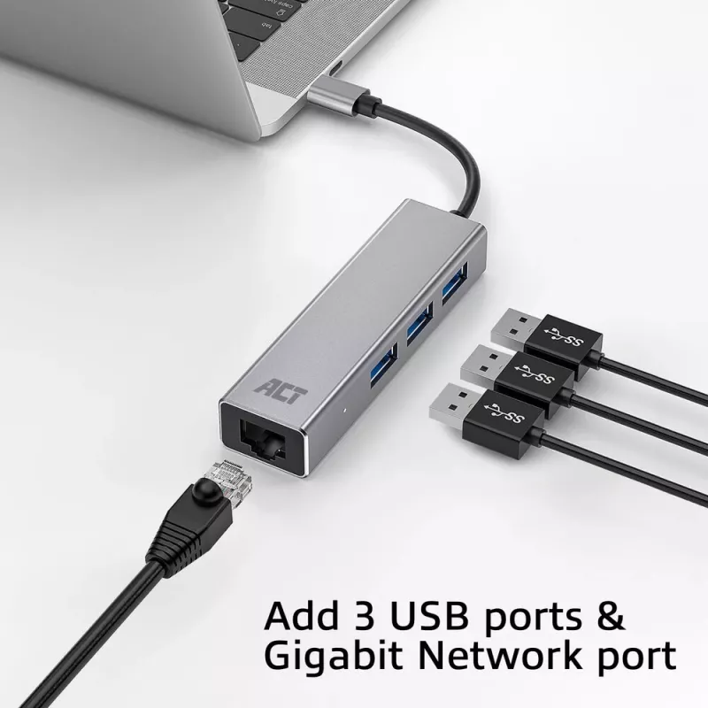 Koncentrator USB-C ACT AC7055 3x USB-A Gigabit Ethernet
