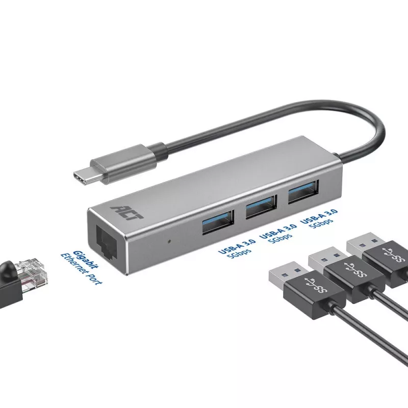 Koncentrator USB-C ACT AC7055 3x USB-A Gigabit Ethernet