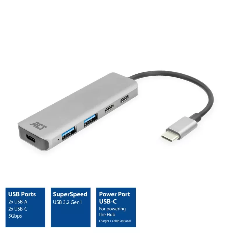 ACT AC7072 USB 3.2 Gen 1 Type-C Hub 5000 Mbit/s Czarny Szary