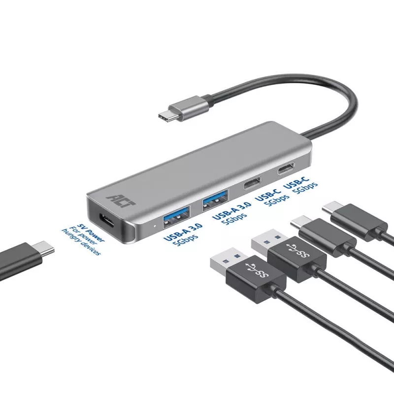 ACT AC7072 USB 3.2 Gen 1 Type-C Hub 5000 Mbit/s Czarny Szary