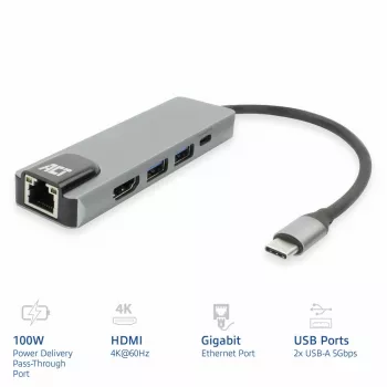 Stacja dokująca ACT USB-C 4K do 1 monitora HDMI, ethernet, USB-A, PD pass-through