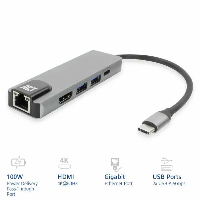 Stacja dokująca ACT USB-C 4K do 1 monitora HDMI, ethernet, USB-A, PD pass-through