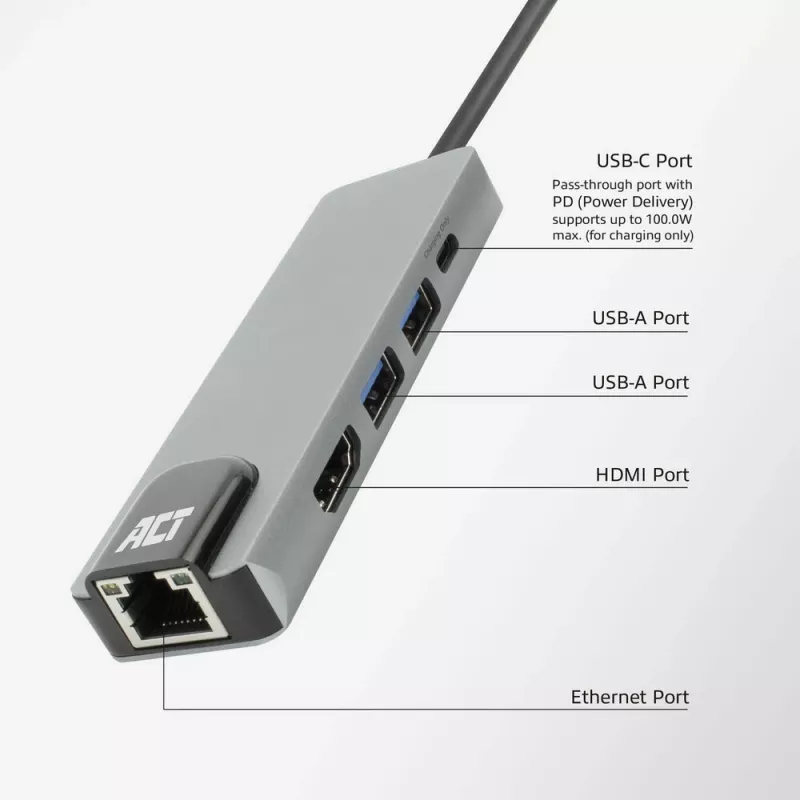 Stacja dokująca ACT USB-C 4K do 1 monitora HDMI, ethernet, USB-A, PD pass-through