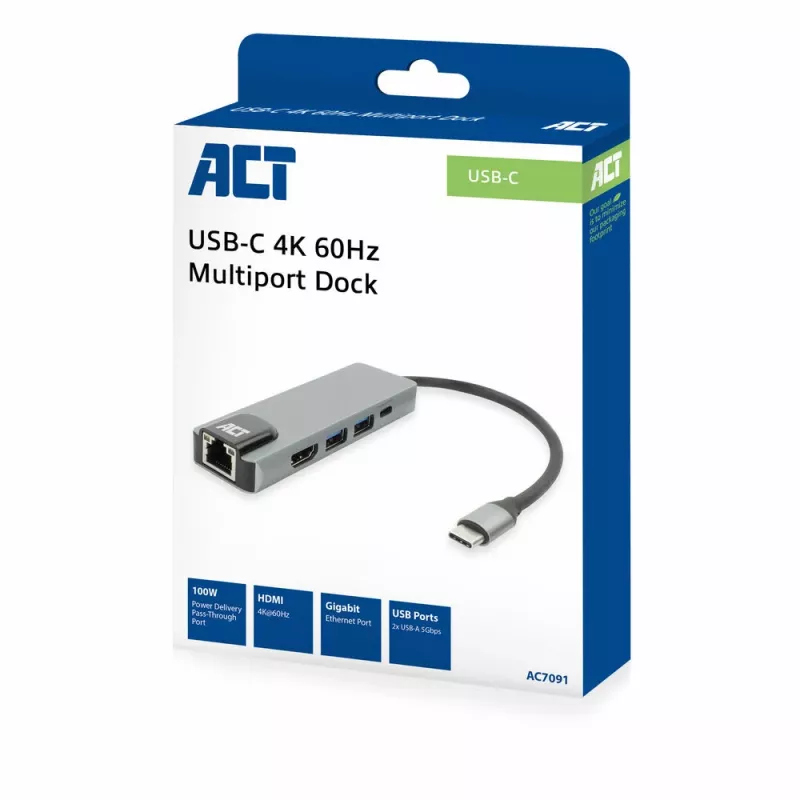 Stacja dokująca ACT USB-C 4K do 1 monitora HDMI, ethernet, USB-A, PD pass-through