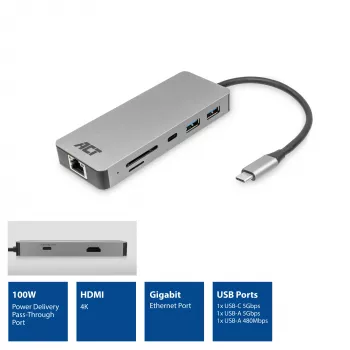 Stacja dokująca ACT USB-C 4K do 1 monitora HDMI, Ethernet, USB-C…