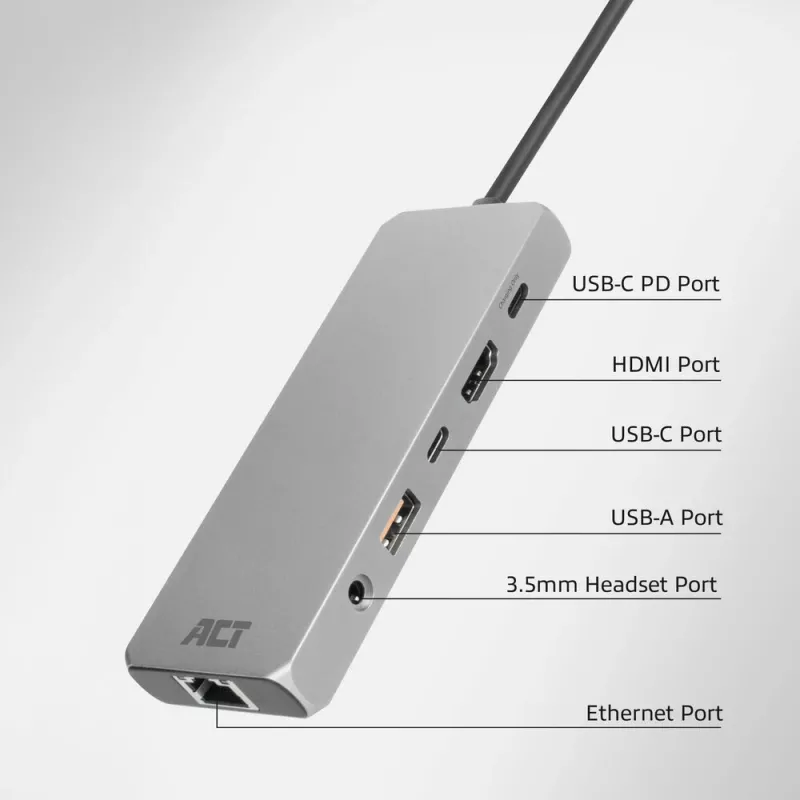 Stacja dokująca ACT USB-C 4K / 8K 30Hz do 1 monitora HDMI, 2,5 Gigabit Ethernet, USB-C 10Gbps, USB-A 10Gbps, audio 3,5 mm, PD pass-through