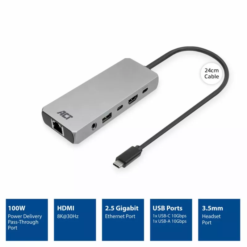 Stacja dokująca ACT USB-C 4K / 8K 30Hz do 1 monitora HDMI, 2,5 Gigabit Ethernet, USB-C 10Gbps, USB-A 10Gbps, audio 3,5 mm, PD pass-through
