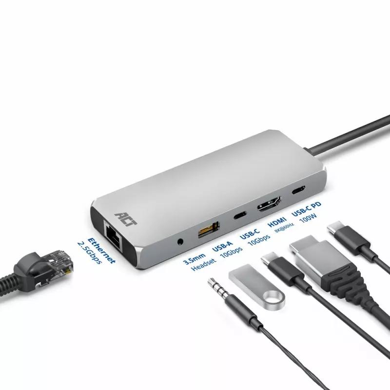 Stacja dokująca ACT USB-C 4K / 8K 30Hz do 1 monitora HDMI, 2,5 Gigabit Ethernet, USB-C 10Gbps, USB-A 10Gbps, audio 3,5 mm, PD pass-through