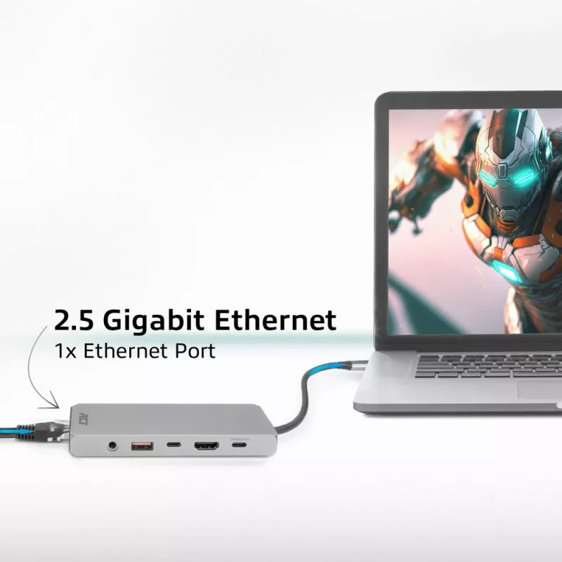 Stacja dokująca ACT USB-C 4K / 8K 30Hz do 1 monitora HDMI, 2,5 Gigabit Ethernet, USB-C 10Gbps, USB-A 10Gbps, audio 3,5 mm, PD pass-through