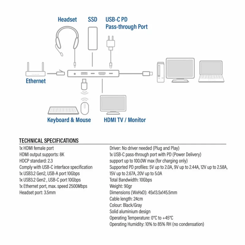 Stacja dokująca ACT USB-C 4K / 8K 30Hz do 1 monitora HDMI, 2,5 Gigabit Ethernet, USB-C 10Gbps, USB-A 10Gbps, audio 3,5 mm, PD pass-through