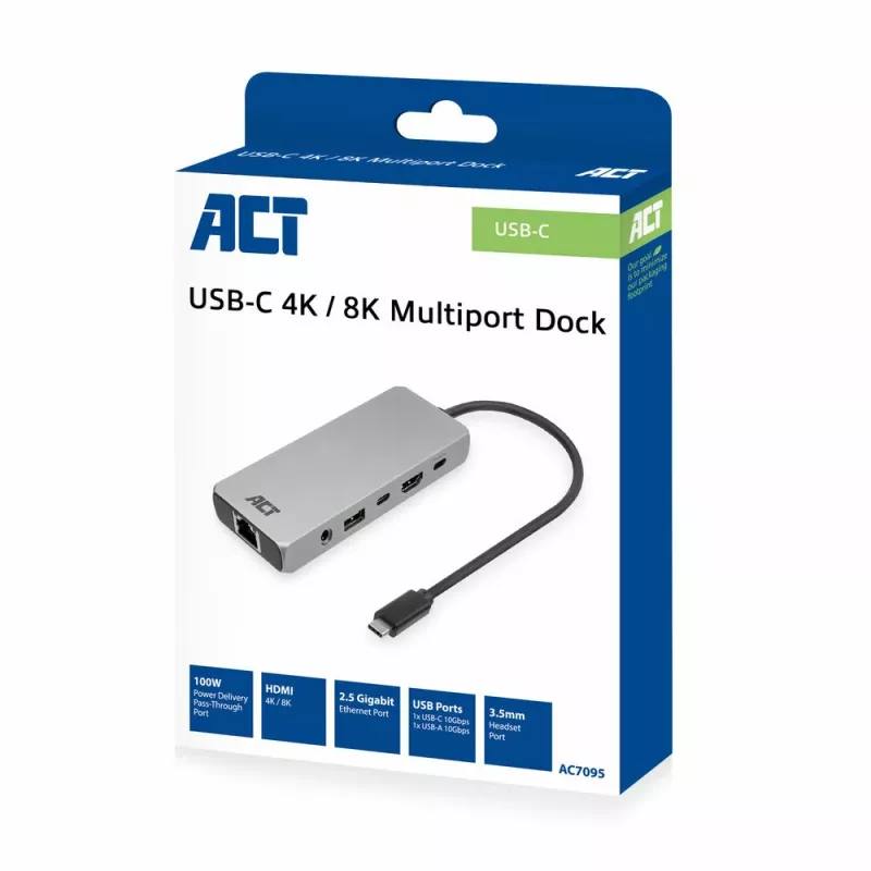 Stacja dokująca ACT USB-C 4K / 8K 30Hz do 1 monitora HDMI, 2,5 Gigabit Ethernet, USB-C 10Gbps, USB-A 10Gbps, audio 3,5 mm, PD pass-through