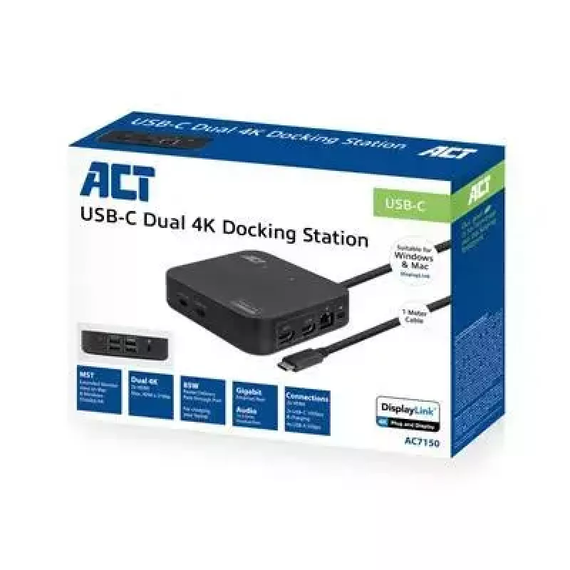 ACT Uniwersalna stacja dokująca USB-C 4K, dla 2 monitorów HDMI/DisplayPort, DisplayLink, kompaktowa konstrukcja